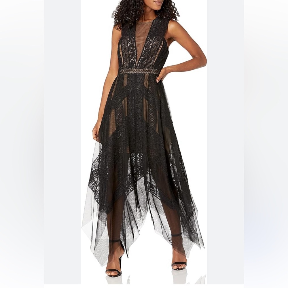 BCBG MAXAZRIA Andi Asymmetric Lace & Tulle Maxi Dress Black and nude sexy prom - Picture 4 of 13